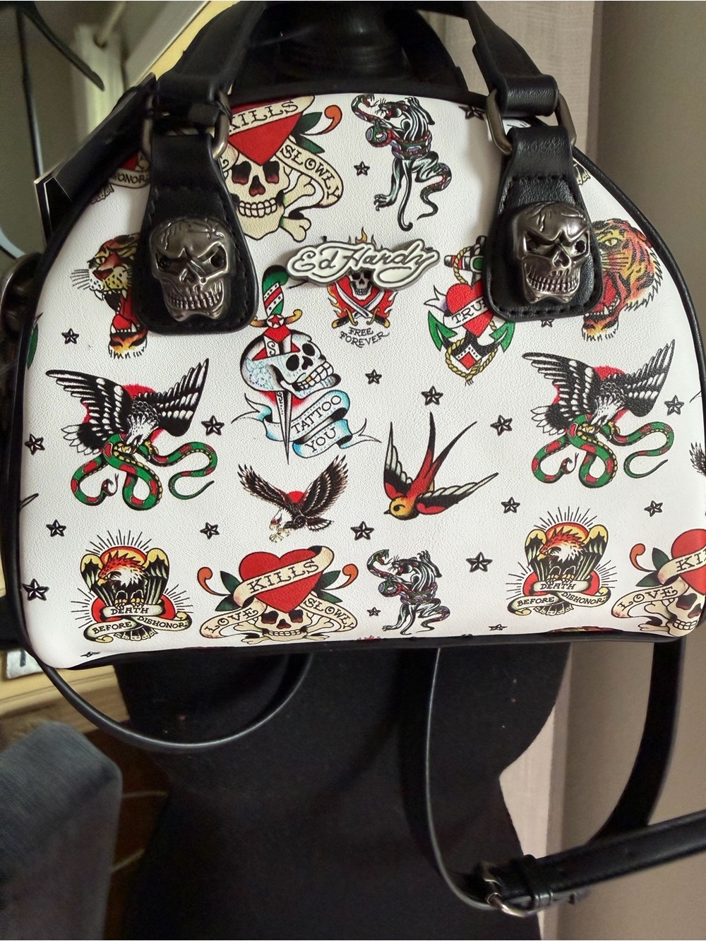 Ed Hardy White Tattoo Print Dome Satchel with Black Trim